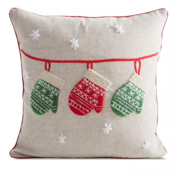 Poszewka na poduszkę świąteczna 45x45 cm o strukturze lnu beżowo, czerwona zdobiona uroczą aplikacją Eurofirany