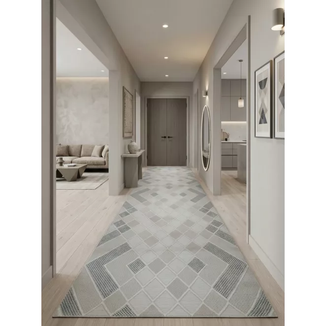 Dywan 60x100 cm kremowo, niebieski zdobiony geometryczną mozaiką CRYSTAL5 Eurofirany