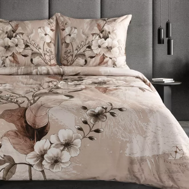 Pościel 160x200 cm komplet 3 częściowy  z makosatyny bawełnianej kolor ciemnobeżowy, jasnobrązowy z designerskim roślinnym nadrukiem  ESTERA Eva Minge Eurofirany