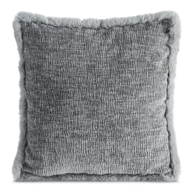 Poszewka na poduszkę 45x45 cm stalowa szenilowa zdobiona futerkiem na brzegach poszewki BLANCA 03 Eurofirany