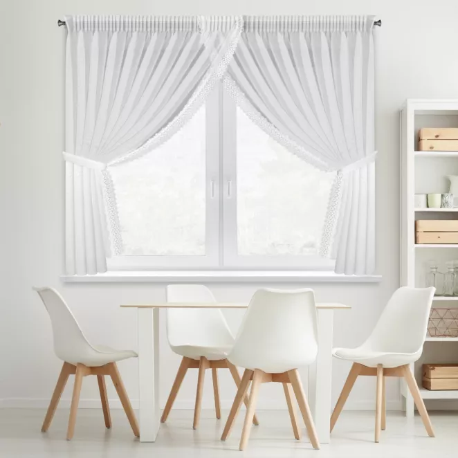 Firana biała z etaminy zdobiona koronką 400x160 cm troczek w zestawie, taśma - HESTIA Eurofirany