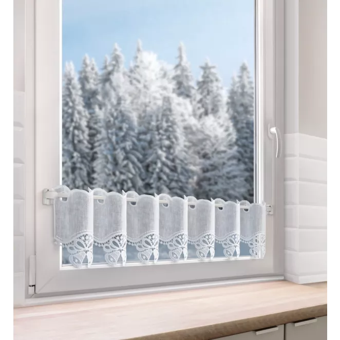 Tkanina firanowa zazdrostka z ażurowym haftem świątecznym w formie dzwoneczków Eurofirany