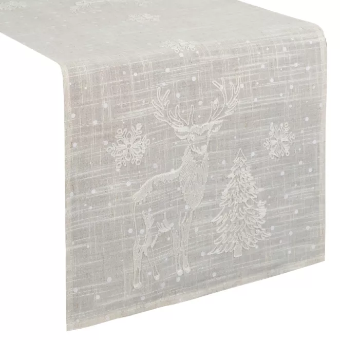 Bieżnik świąteczny na stół 40x140 cm beżowy o strukturze lnu zdobiony delikatnym nadrukiem Eurofirany