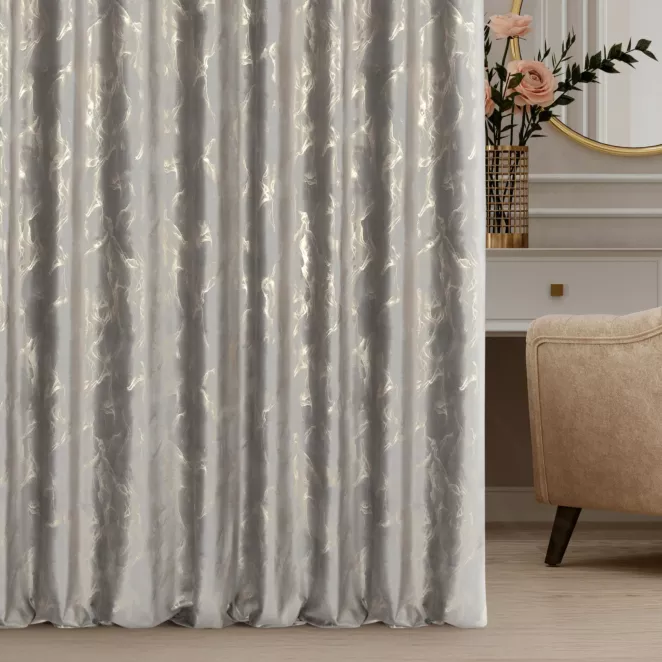 Tkanina zasłonowa welwetowa zdobiona złotym marmurkowym wzorem Eurofirany