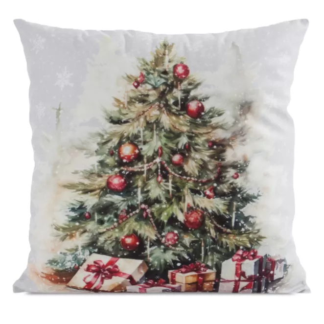 Poszewka na poduszkę 45x45 cm welwetowa zielono, czerwona z motywem choinki świątecznej Eurofirany