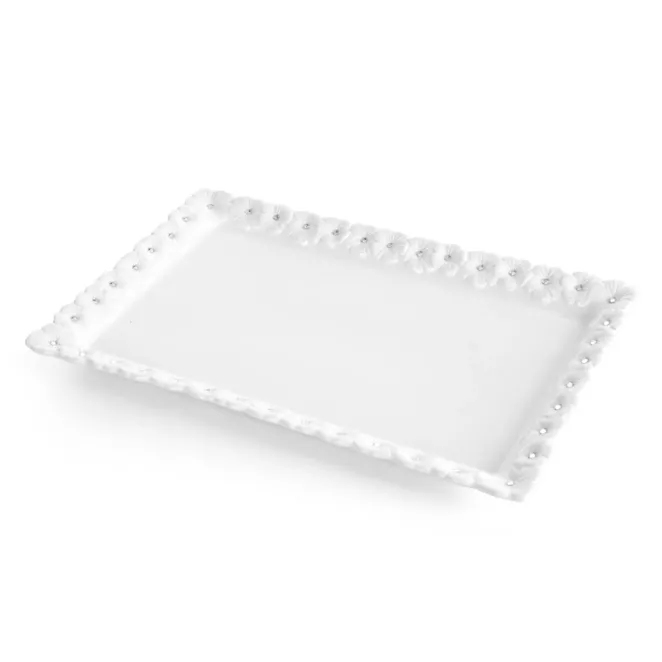 Patera dekoracyjna biała zdobiona w drobne kwiaty z błyszczącym wykończeniem 30x19x3 cm ELISA  Eurofirany