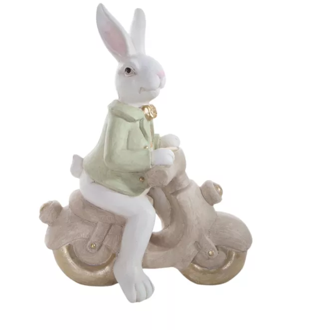 Wielkanocna figurka dekoracyjna uroczego zajączka na skuterku w miętowo, beżowej kolorystyce Eurofirany