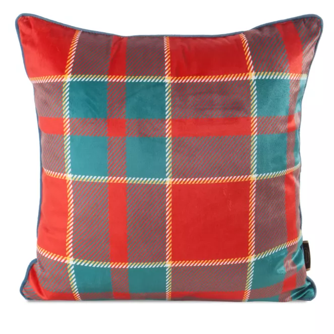 Poszewka na poduszkę świąteczna 45x45 cm welwetowa czerwono, zielona w kratę zdobiona elegancką wypustką Eurofirany