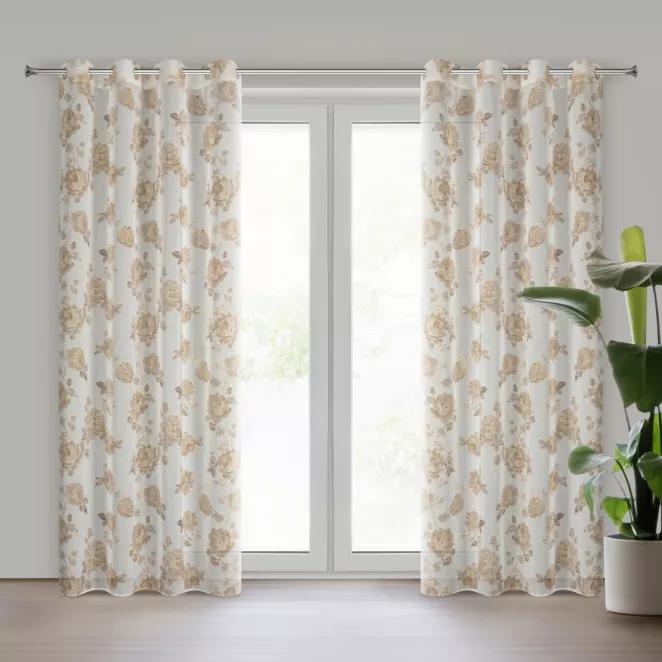 Zasłona biało, beżowa zdobiona nadrukiem róż z dodatkiem złota z etaminy 140x250 cm złote przelotki - MELA Eurofirany