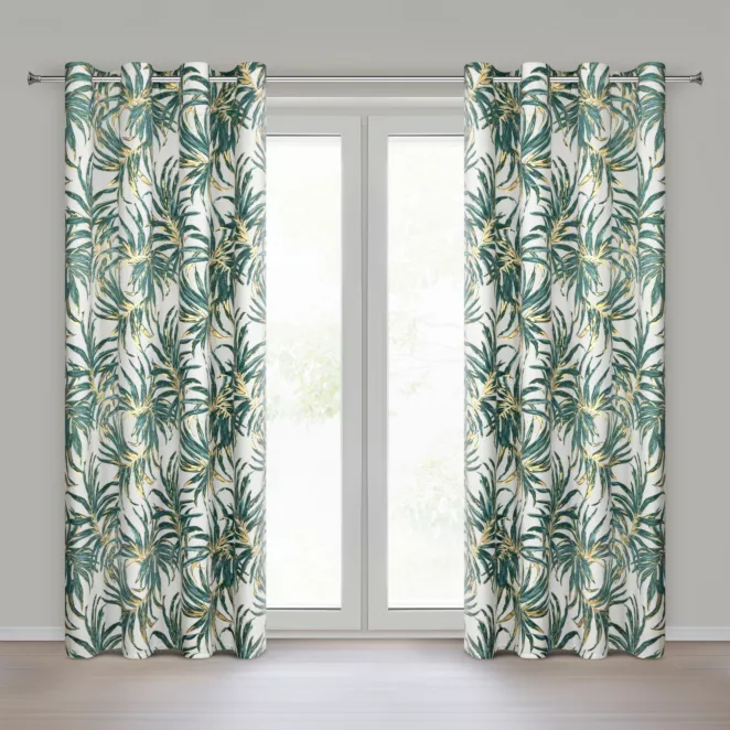 Zasłona biało, zielona z welwetu zdobiona podwójnym nadrukiem z złotymi akcentami 140x250 cm przelotka - ALENA Eurofirany