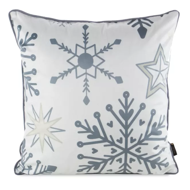 Poszewka na poduszkę świąteczna 45x45 cm biało, stalowa zdobiona nadrukiem śnieżynek i elegancką wypustką Eurofirany