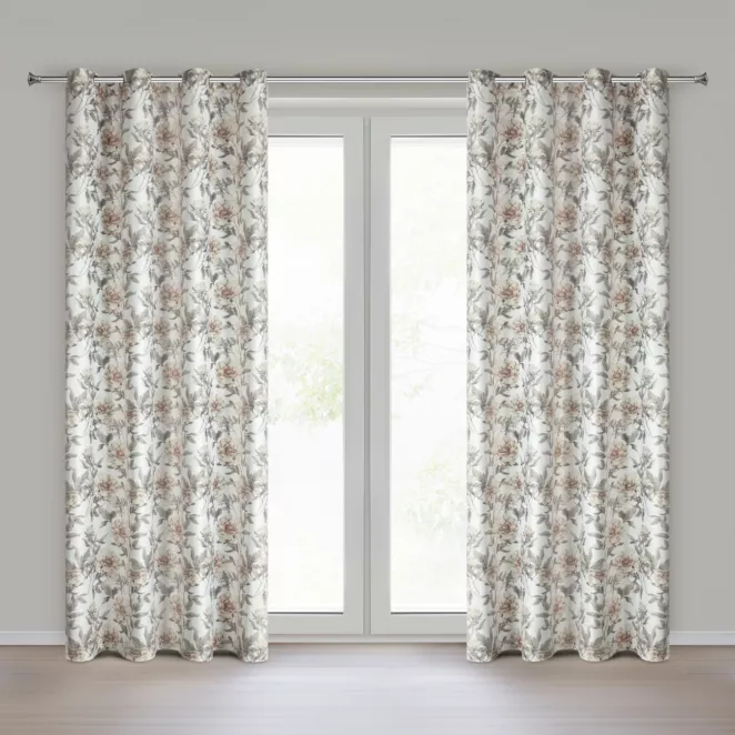 Zasłona biało, beżowa welwetowa z motywem kwiatów 140x250 cm przelotka - BEVERLY Eurofirany