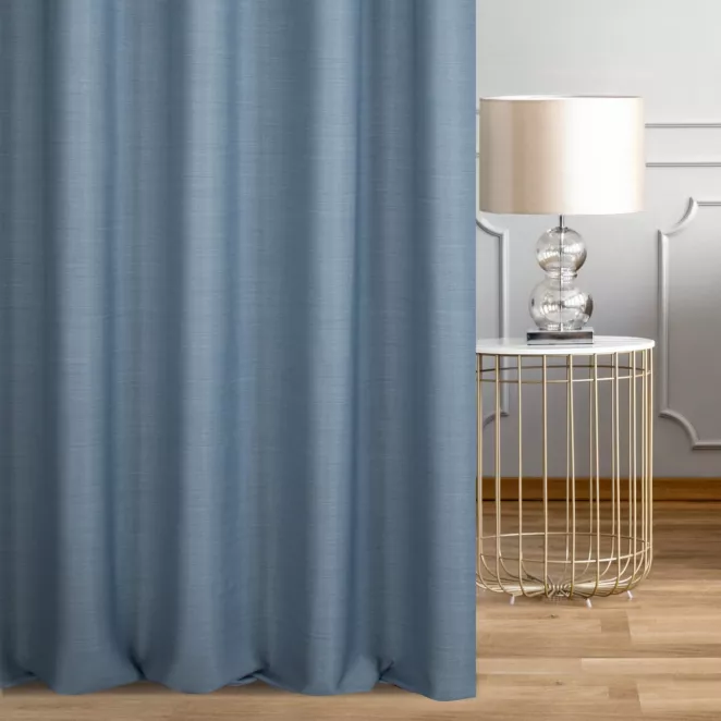 Zasłona szyta na taśmie fala ciemnoniebieska z miękkiej tkaniny o naturalnym splocie w stylu ekologicznym