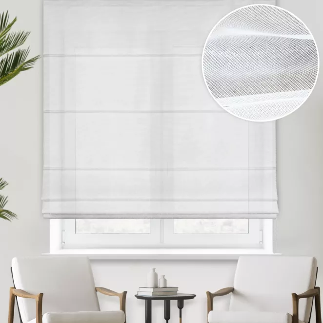 Roleta rzymska BETTINA biała z połyskliwej tkaniny PERU, wykończona obciążnikiem