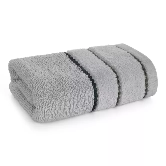 Ręcznik kąpielowy 70x140 cm bawełniany kolor srebrny z welwetową bordiurą i kontrastującymi paseczkami 500 g/m2 NEL Eurofirany