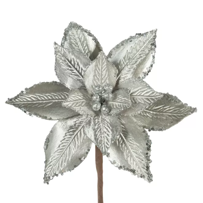 Srebrny kwiat na choinkę z welwetu wytłaczany 20 cm Eurofirany