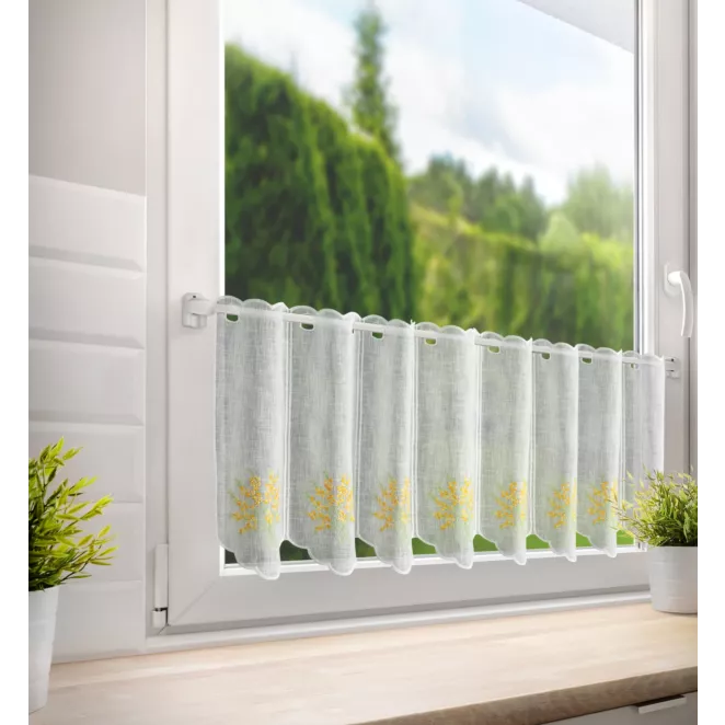 Tkanina firanowa zazdrostka zdobiona haftem żółtych kwiatów Eurofirany