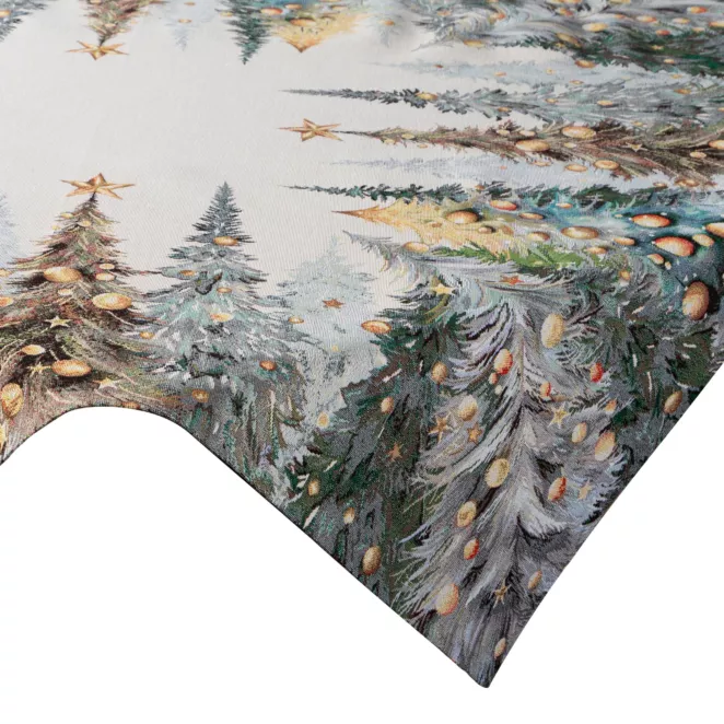 Świąteczny obrus naturalno, zielony 100x100 cm gobelinowy zdobiony tkanym motywem choinek Eurofirany