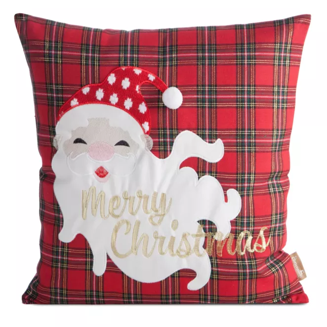 Poszewka na poduszkę świąteczna 45x45 cm czerwono, biała w kratę zdobiona haftem zabawnego Mikołaja Eurofirany