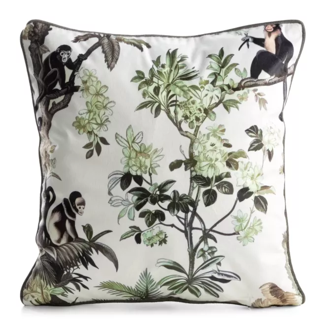 Poszewka na poduszkę 45x45 cm welwetowa biało, zielona z roślinnym nadrukiem VELVET 206 Eurofirany