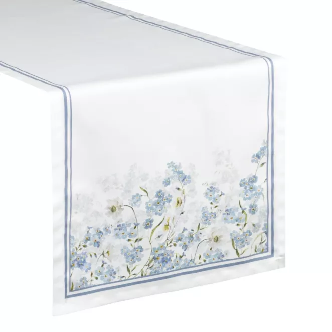 Bieżnik na stół naturalno, błękitny z motywem kwiatów 40x140 cm SUMMER 18 Eurofirany