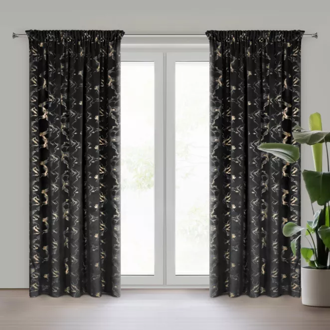 Zasłona czarno, szampańska welwetowa zdobiona błyszczącym nadrukiem 140x270 cm taśma - RAJA Eurofirany