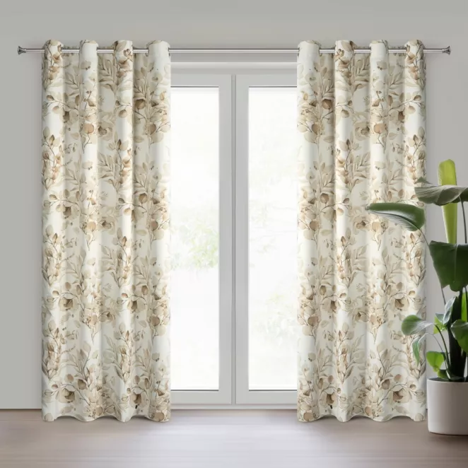 Zasłona beżowo, złota zaciemniająca z roślinnym nadrukiem i błyszczącymi akcentami 140x250 cm przelotki - OLENI Eurofirany