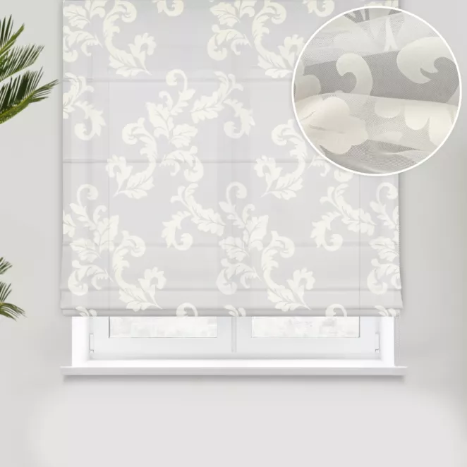 Roleta rzymska kremowa z ekskluzywnej tkaniny organtynowej z wzorem roślinnym, wykończona obciążnikiem