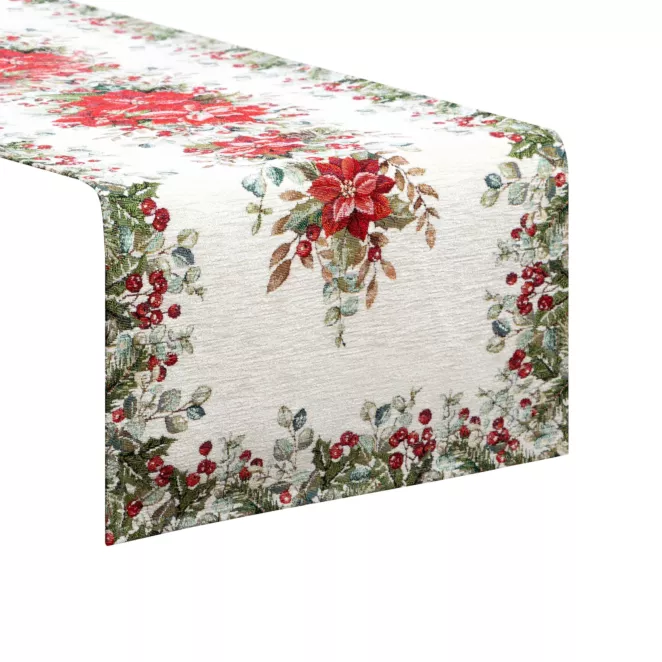 Świąteczny bieżnik kolor naturalno, zielony 40x100 cm z szenilowej tkaniny zdobiony świątecznym motywem Eurofirany