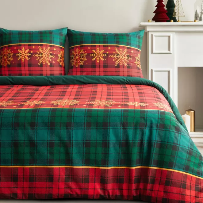 Pościel świąteczna 160x200 cm bawełna ranforce, kolor czerwony, zielony z nadrukiem kraty GLORY Eurofirany