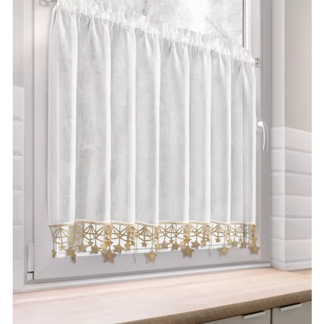 Zazdrostka świąteczna biało, złota z etaminy zdobiona luźno zwisającymi gwiazdkami 150x90 cm tunel - XMAS Eurofirany