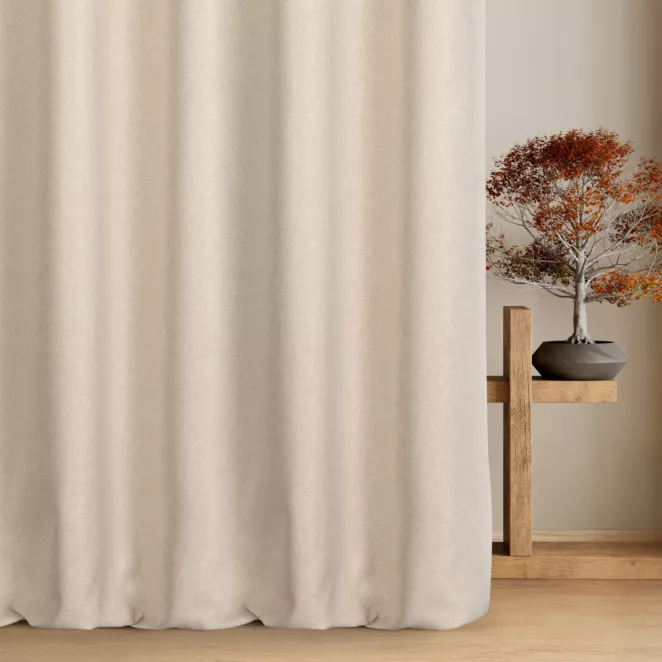 Zasłona szyta na taśmie fala jasnobeżowa o naturalnym charakterze, z widocznym, ozdobnym splotem