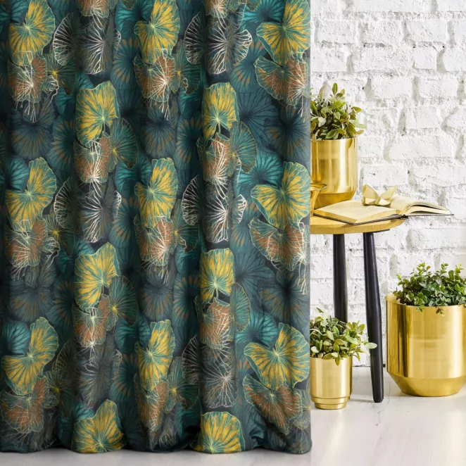 Tkanina zasłonowa welwetowa z nadrukiem liści lilii wodnej Eurofirany