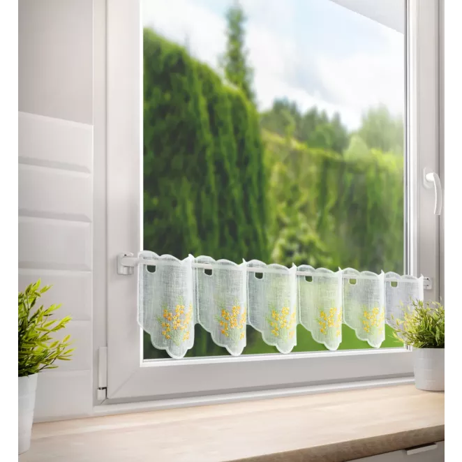 Tkanina firanowa zazdrostka zdobiona haftem żółtych kwiatów Eurofirany