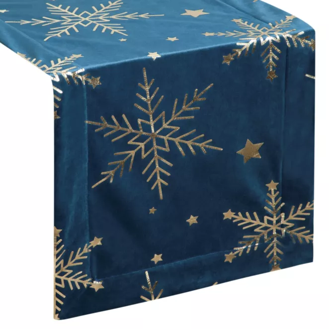 Bieżnik świąteczny 40x140 cm granatowo, szampański welwetowy zdobiony błyszczącym nadrukiem Eurofirany