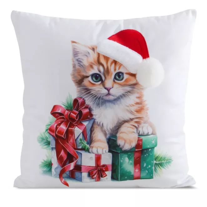 Poszewka na poduszkę świąteczna 45x45 cm welwetowa biało, czerwona zdobiona uroczym nadrukiem kotka Eurofirany