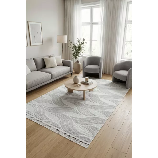 Dywan 80x150 cm jasnoszary, srebrny o wypukłym falistym miękkim wzorze z frędzlami LE MANS2 Eurofirany