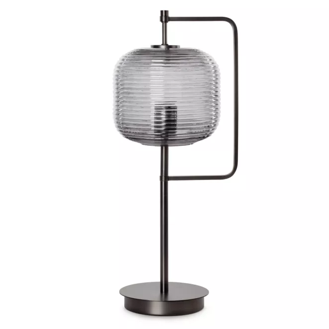 Lampa stołowa nocna grafitowa ARON nowoczesna ze szklanym tłoczonym abażurem Eurofirany