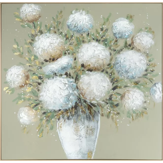 Obraz kremowo, beżowy ręcznie malowany z motywem kwiatów oprawiony w ramę 102x102 cm Eurofirany