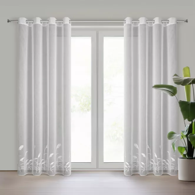 Firana biała z etaminy zdobiona haftem w źdźbła ozdobnej trawy 140x250 cm przelotka - TASHA Eurofirany