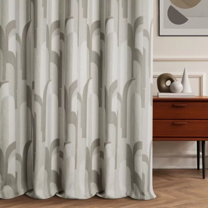 Zasłona szyta na flexach kremowo beżowa z miekkiej tkaniny w stylu ART DECO z dodatkiem lnu