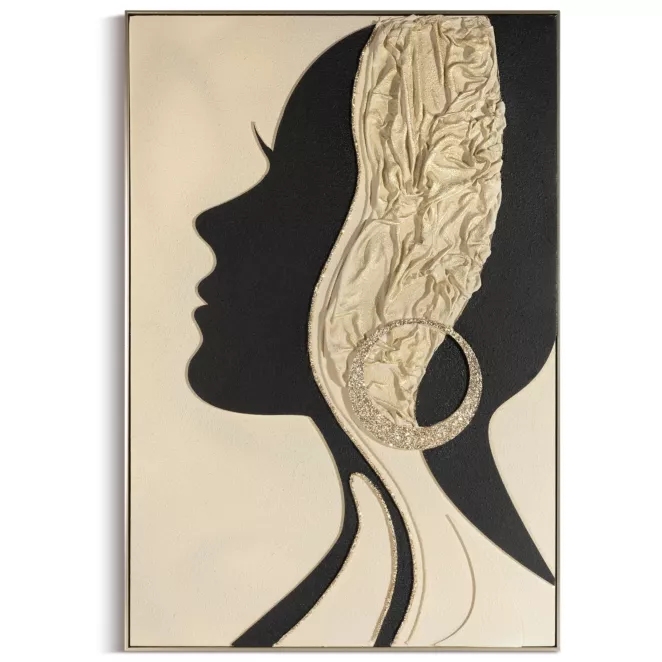 Obraz beżowo, czarny ręcznie malowany z motywem sylwetki kobiety oprawiony w ramę 82x122 cm Eurofirany
