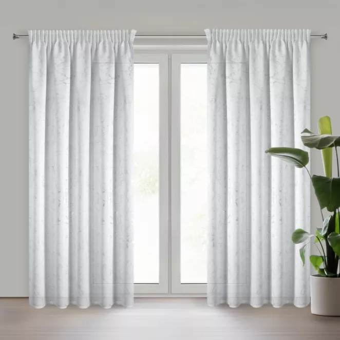 Zasłona biało, srebrna z nadrukiem marmurku o naturalnym splocie 140x270 cm taśma - MARLENE Eurofirany