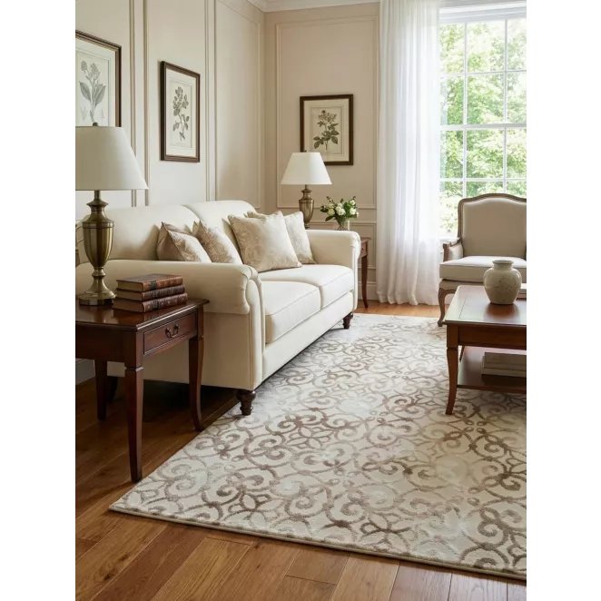 Dywan 60x100 cm kremowo, beżowy zdobiony ornementowym wzorem MILAN2 Eurofirany