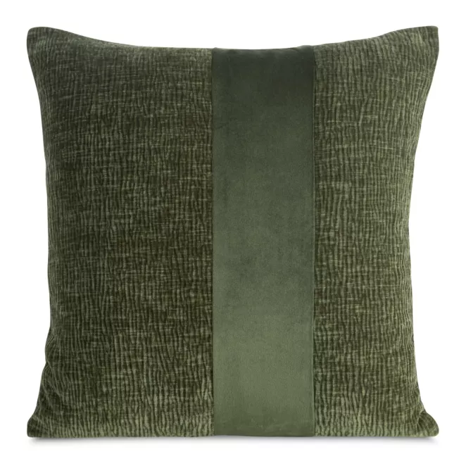 Poszewka na poduszkę 45x45 cm oliwkowa szenilowa zdobiona pionowym pasem z welwetu CARLA 01 Eurofirany