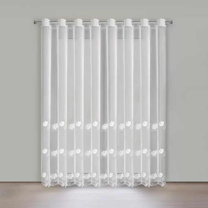 Firana biała z drobnej siateczki zdobiona subtelnym haftem 350x250 cm przelotki - LETI Eurofirany