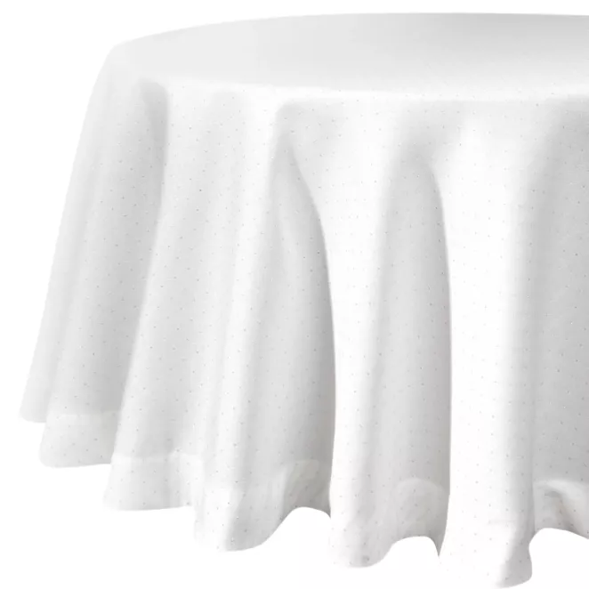 Obrus okrągły biały średnica 150 cm ELLEN zdobiony srebrną błyszczącą nicią z elegancką listwą