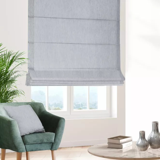 Roleta rzymska błękitna z miękkiej szenilowej tkaniny z efektem melanżu