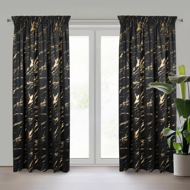 Zasłona czarno, złocista zdobiona błyszczącym marmurkiem z welwetu, złote przelotki 140x270 cm taśma MOLLY Eurofirany