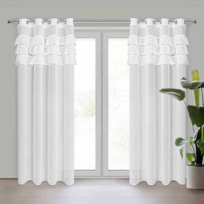 Firana biała z etaminy zdobiona falbanami 140x250 cm przelotka SAMI Eurofirany